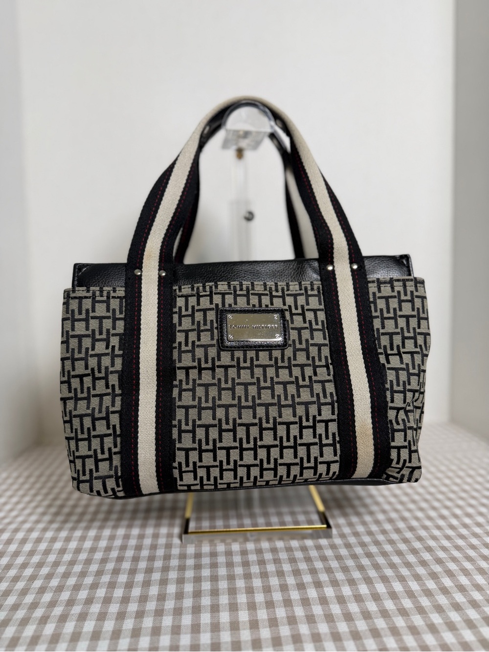 Tommy Hilfiger Monogrammed Canvas Tote Bag Grey Black and White